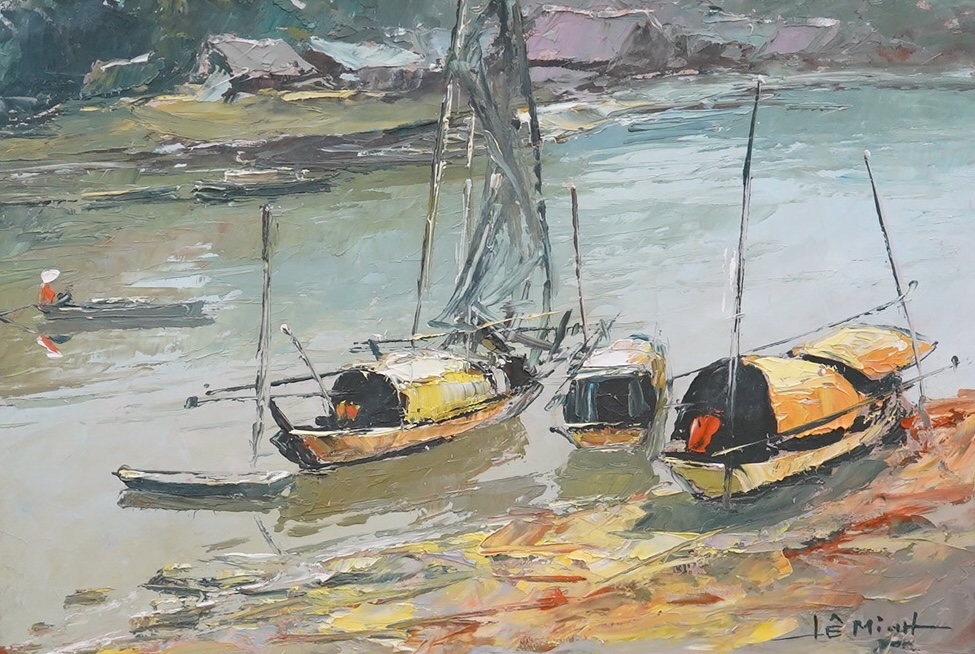 Le Minh (Vietnamese, b.1964), pair of oils on board, River scenes with Chinese junks, each signed, 23 x 33cm. Condition - good